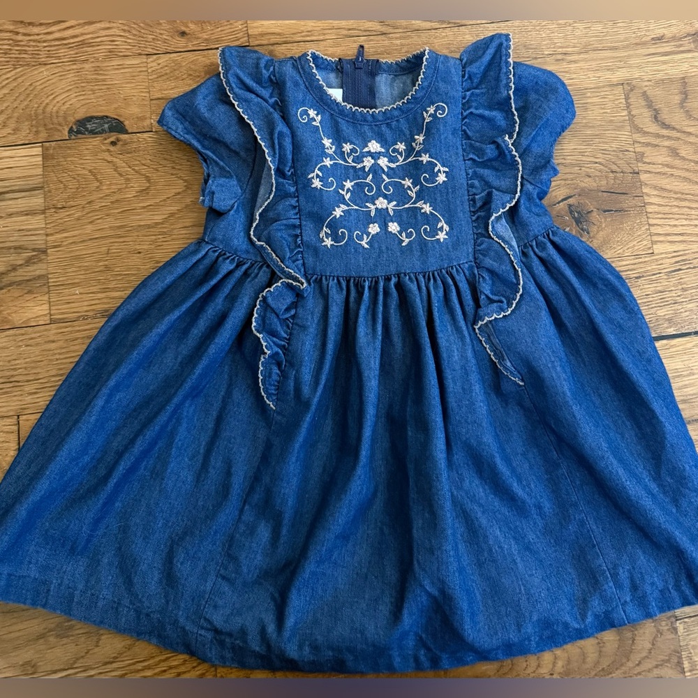 Bonnie Baby Lightweight Denim Dress with Ruffles and Gold Embroidery. Sz 12M
